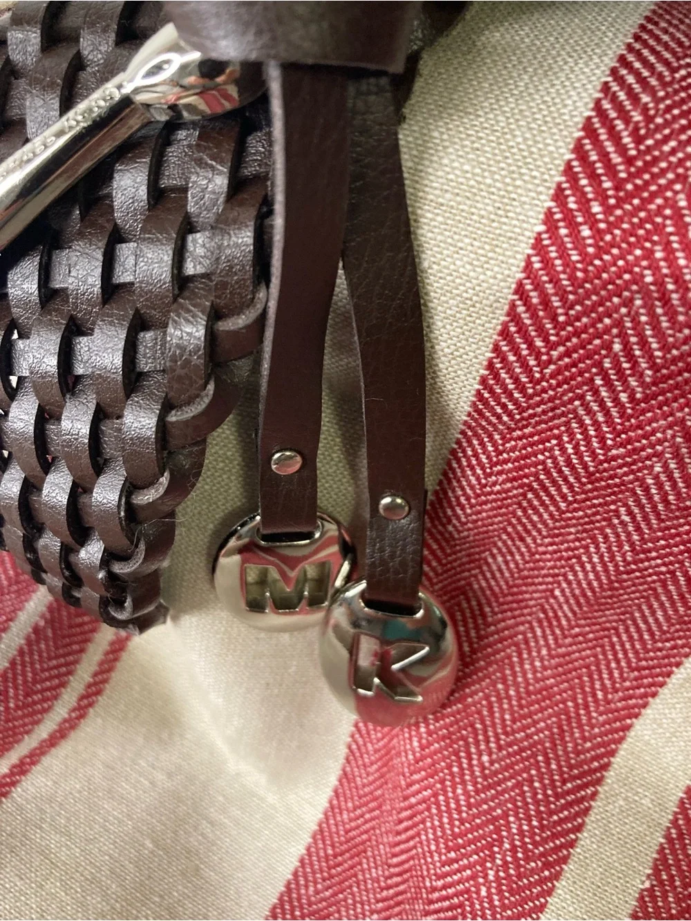 Michael Kors Dark Brown Woven Leather Belt with Silver-Tone MK Charms